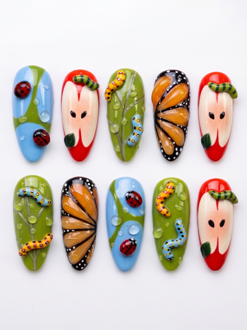 Garden Critters | Handmade 3D Butterfly Ladybug Apple Fruit Press-On Nails