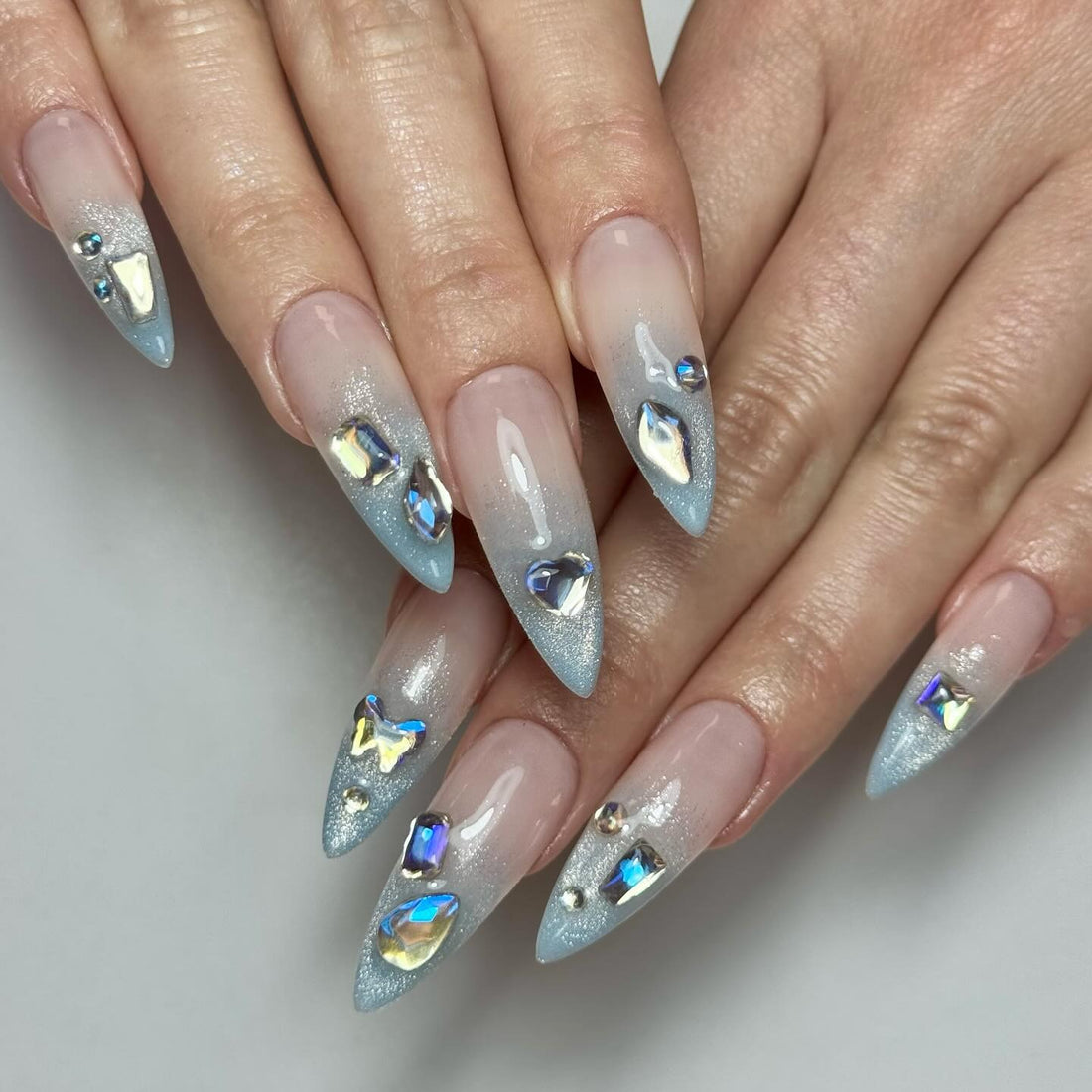 Icy Shimmer | Handmade Luxury Icy Blue Cat Eye Rhinestone Press-On Nails