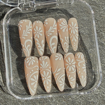 Bridal Lace | Handmade Matte Nude 3D White Vine Floral Press-On Nails