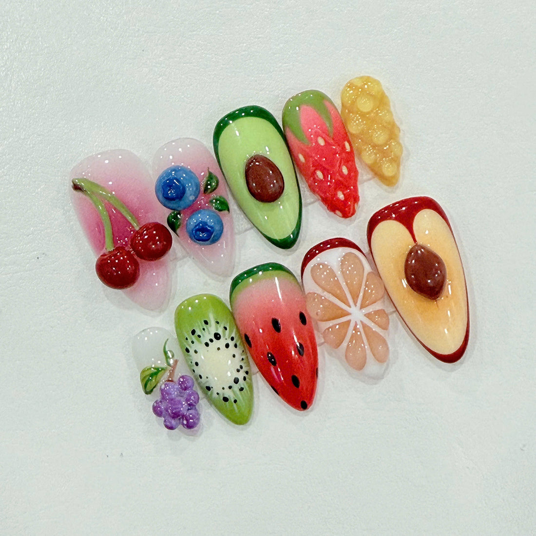 Tutti Frutti | Handmade 3D Mixed Cherry Avocado Fruit Press-On Nails