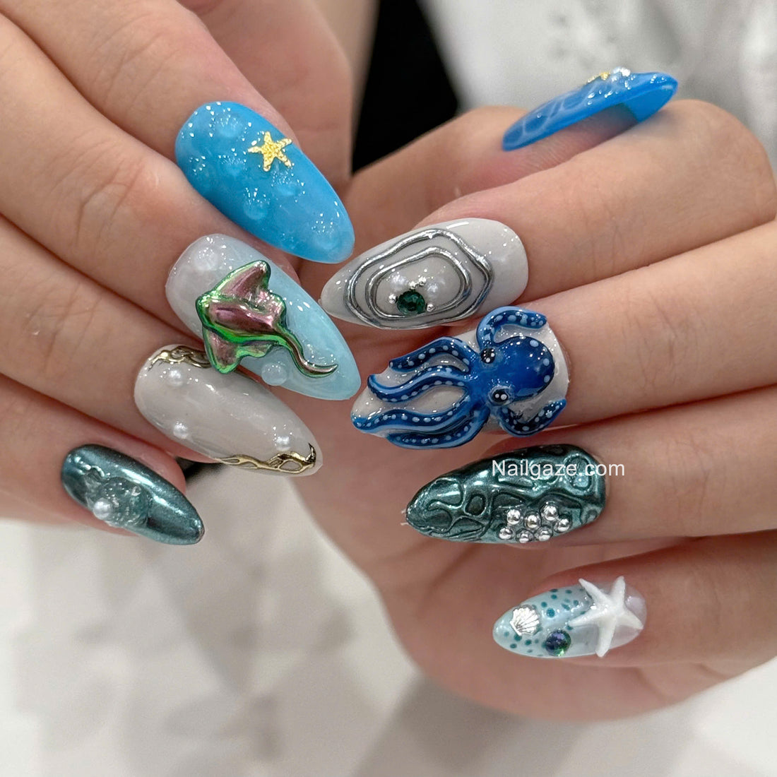 Ocean Realm | Handmade 3D Octopus Manta Ray Marine Press-On Nails