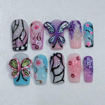 Prism Flutter | Handmade Spring 3D Butterfly Colorful Rhinestone Press-On Nails