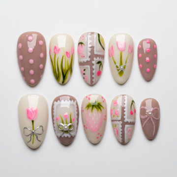 Tulip Ribbon | Handmade Vintage Floral Strawberry Coquette Bow Press-On Nails