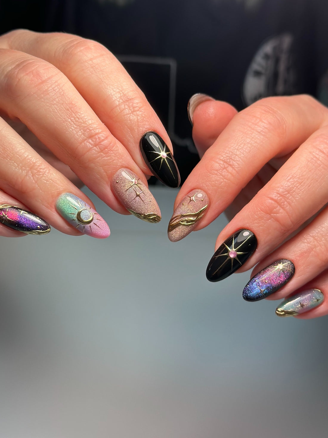 Galaxy Glow | Handmade Celestial Cat Eye 3D Gold Moon Press-On Nails