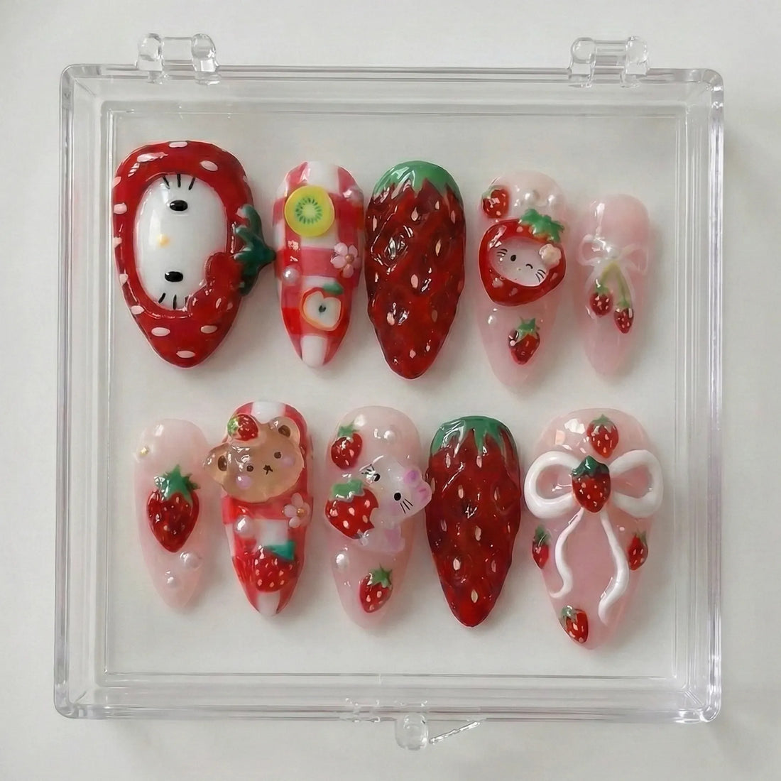 Gingham Kitty | Handmade Kawaii Strawberry Coquette Bow Fake Press-On Nails