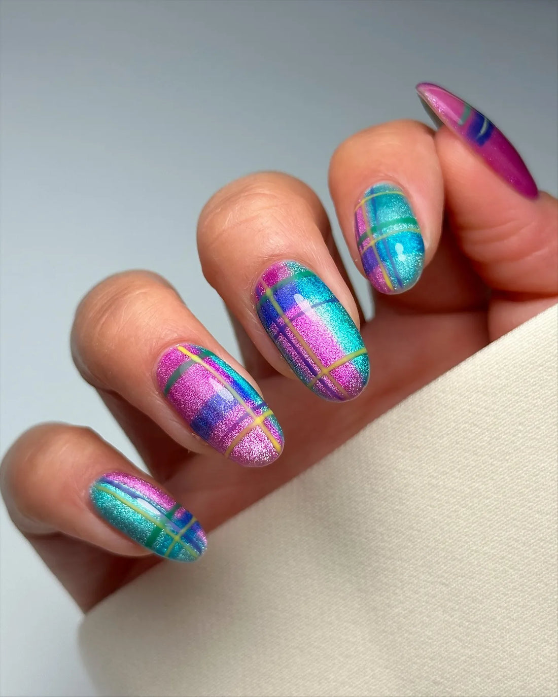 Holographic Tartan | Handmade Plaid Y2K Metallic Neon Pink Teal Press-On Nails