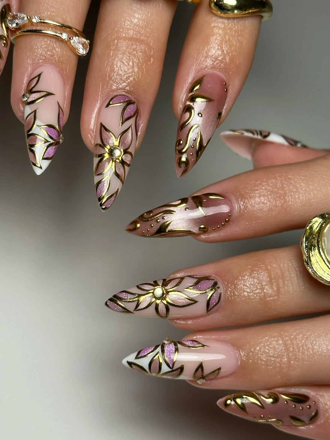 Amethyst Bloom | Handmade 3D Gold Floral Purple Glitter Botanical Press-On Nails