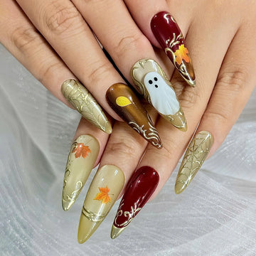 Autumn Haunt | Handmade Fall Ghost Maple Leaves Gold Chrome Spider Web Press-On Nails