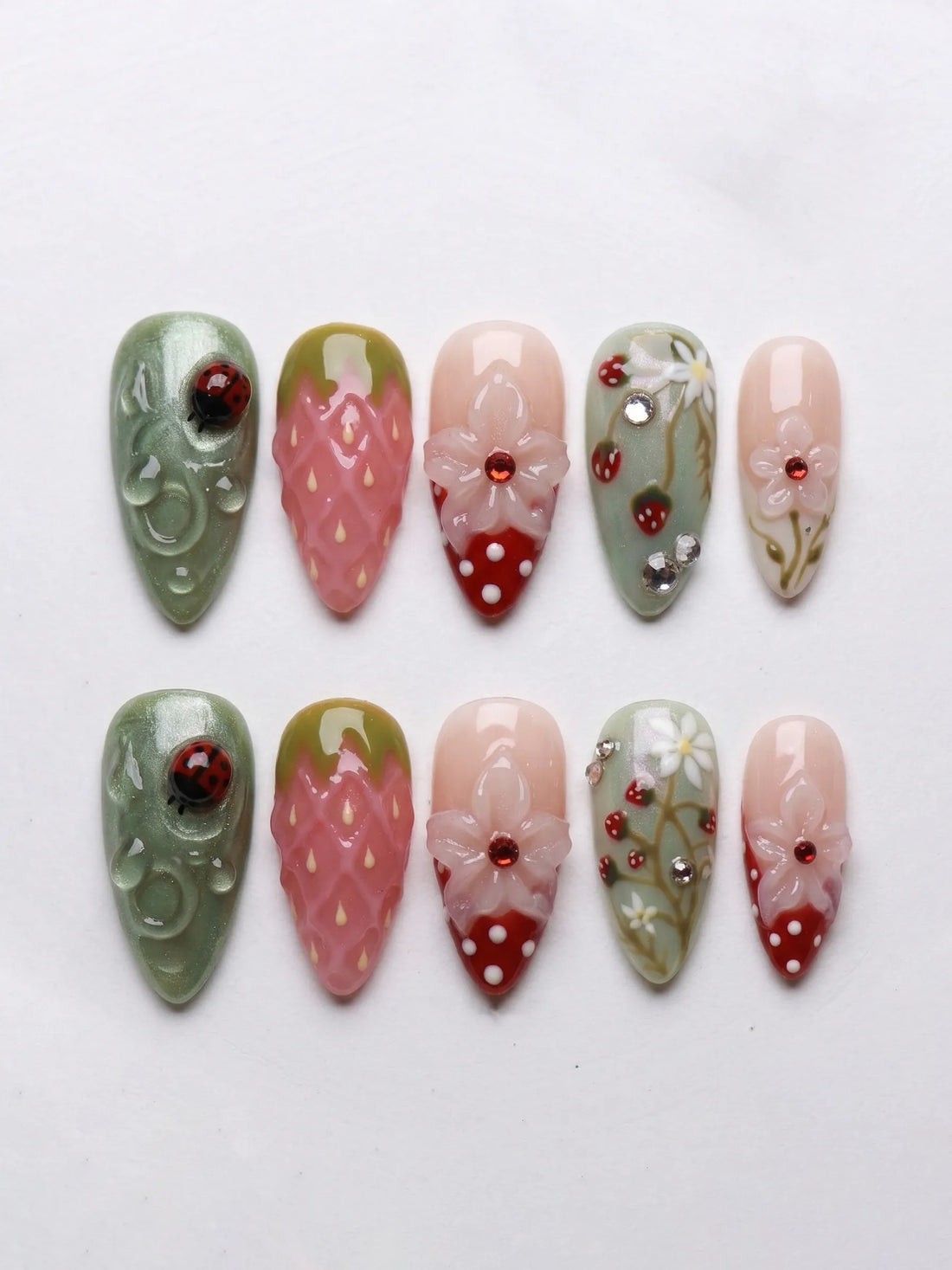 Garden Berry | Handmade 3D Strawberry Ladybug Floral Press-On Nails