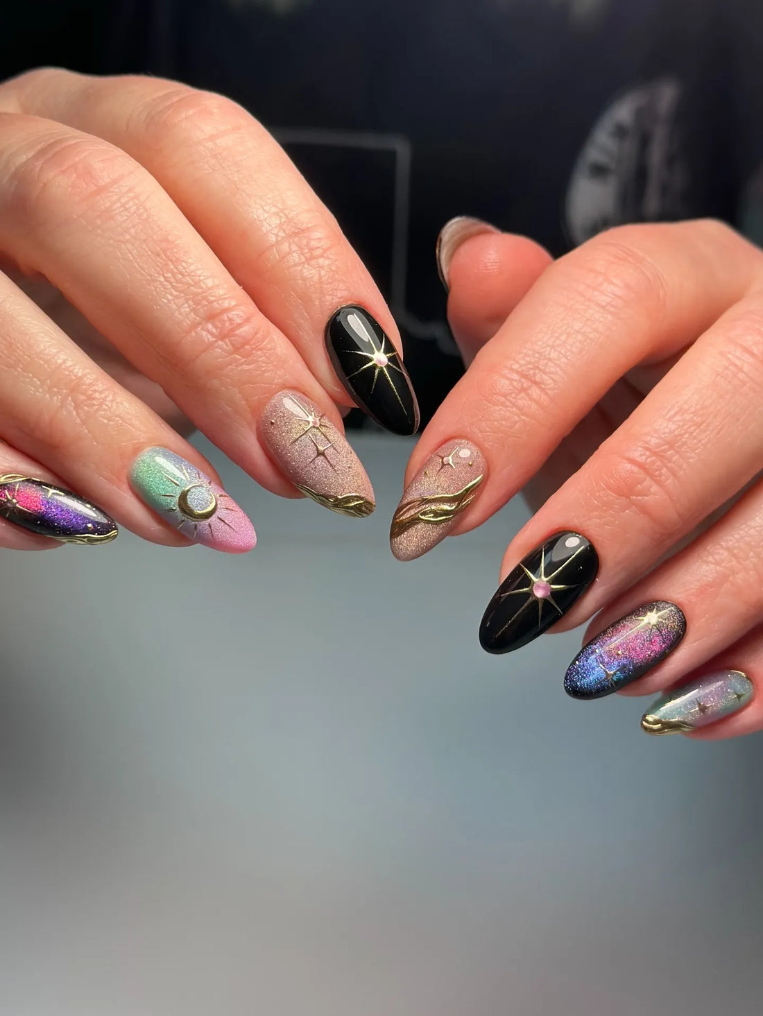 Galaxy Glow | Handmade Celestial Cat Eye 3D Gold Moon Press-On Nails