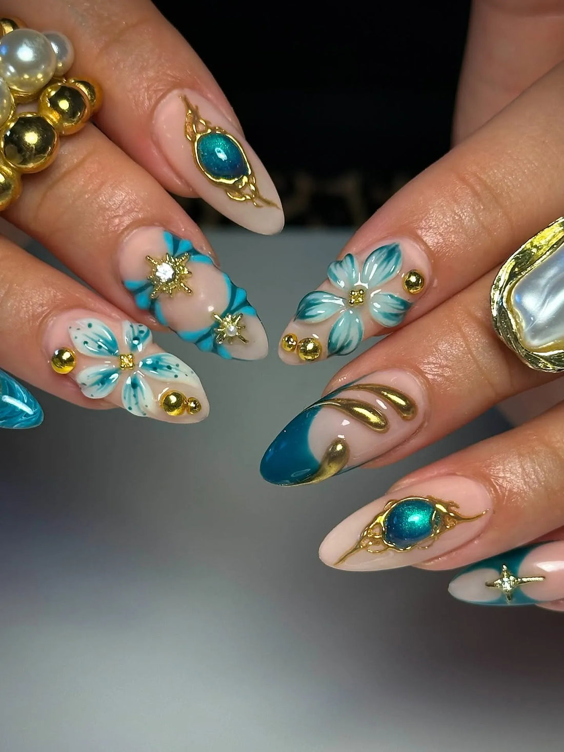 Mermaid Glow | Handmade 3D Teal Floral Gold Chrome Gemstone Press-On Nails