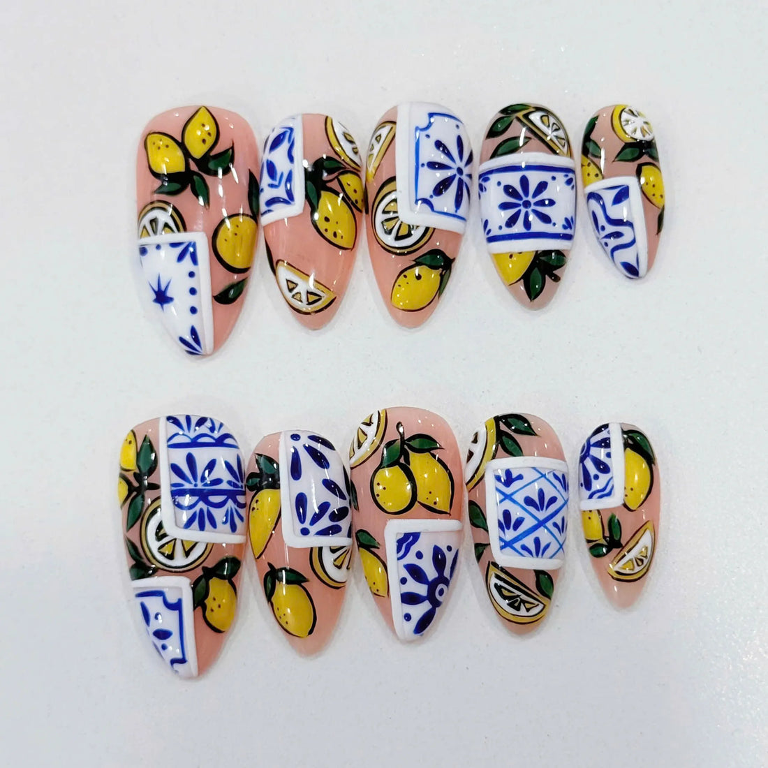 Amalfi Tile | Handmade Lemon Mediterranean Blue Majolica Press-On Nails