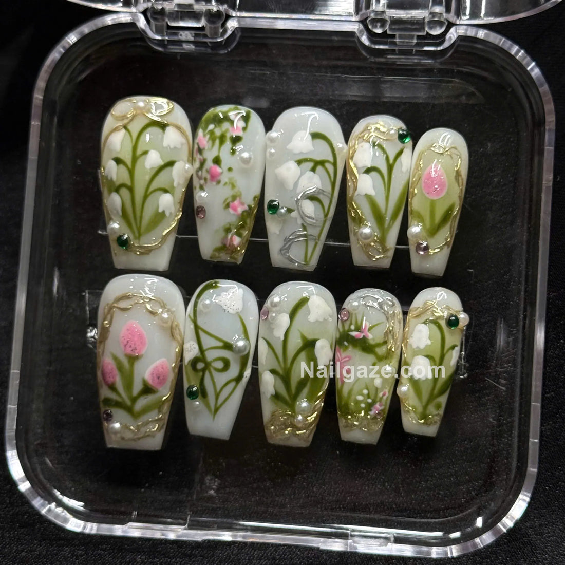Valley Blossom | Handmade Cottagecore Botanical Lily Gold Chrome Press-On Nails