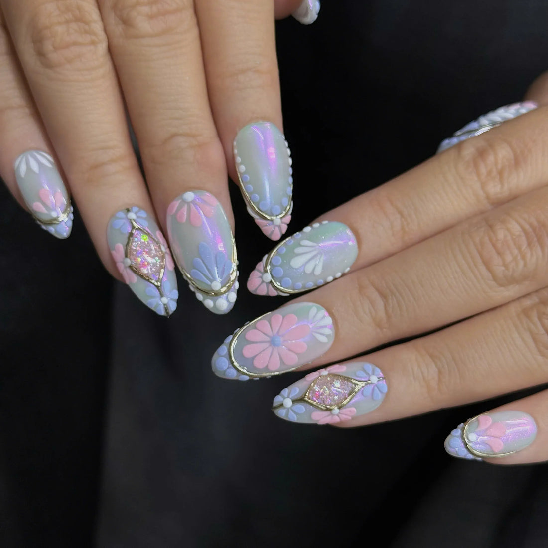 Fairy Blossom | Handmade 3D Pastel Floral Gold Chrome Press-On Nails (Copy)