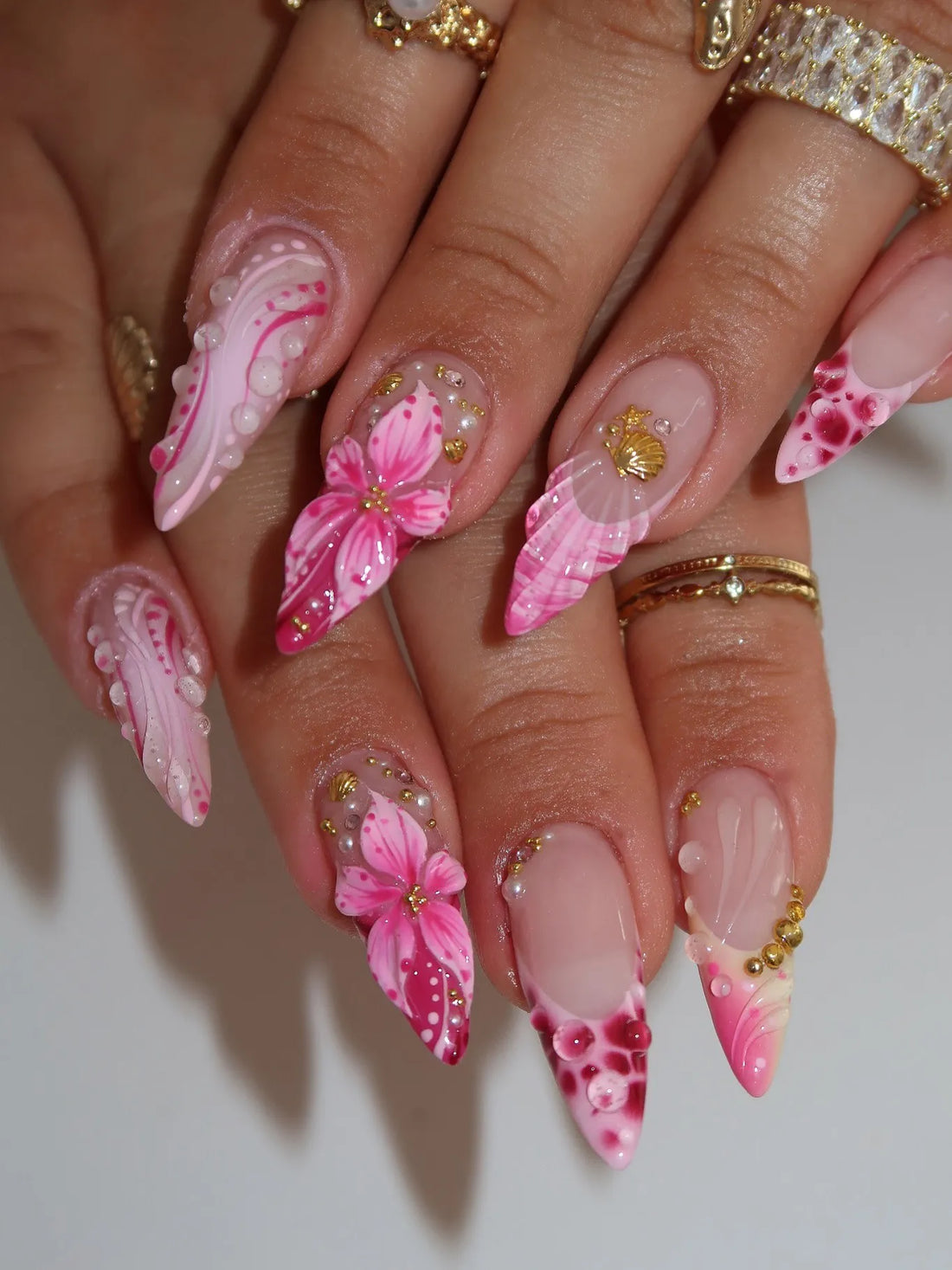 Mermaid Coral | Handmade 3D Seashell Pink Tropical Floral Press-On Nails