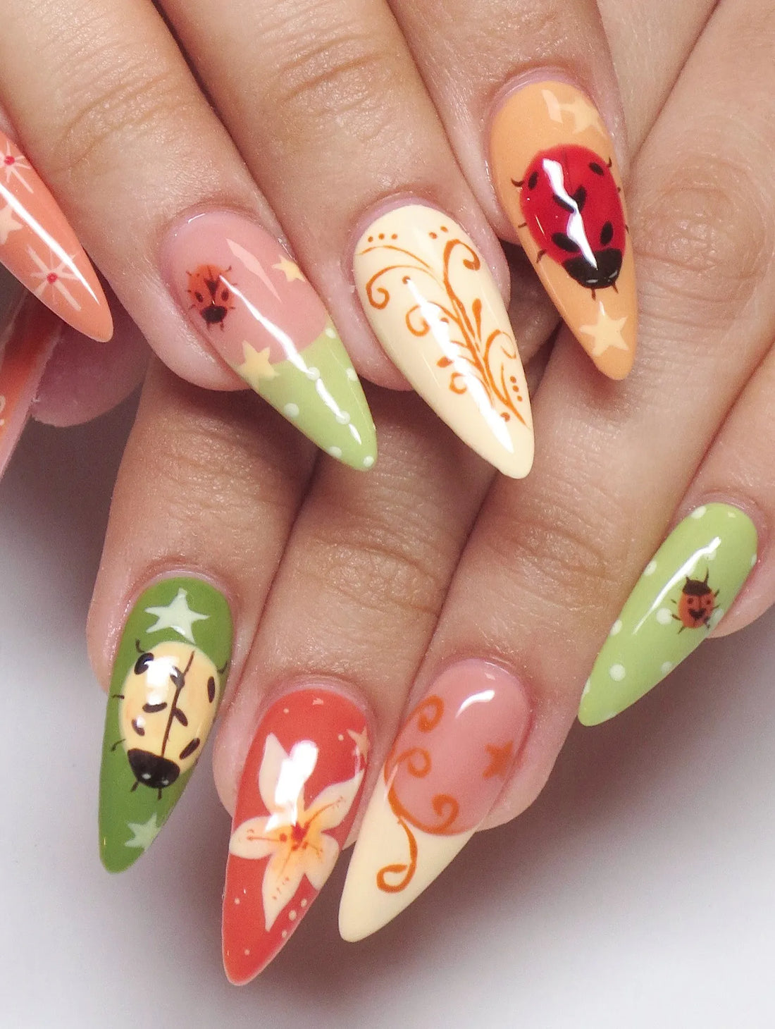 Retro Garden | Handmade Spring Floral Ladybug Reusable Press-On Nails
