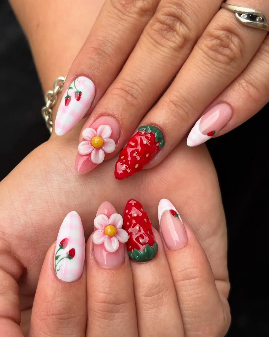 Picnic Berry | Handmade 3D Strawberry Daisy Pink Gingham Press-On Nails
