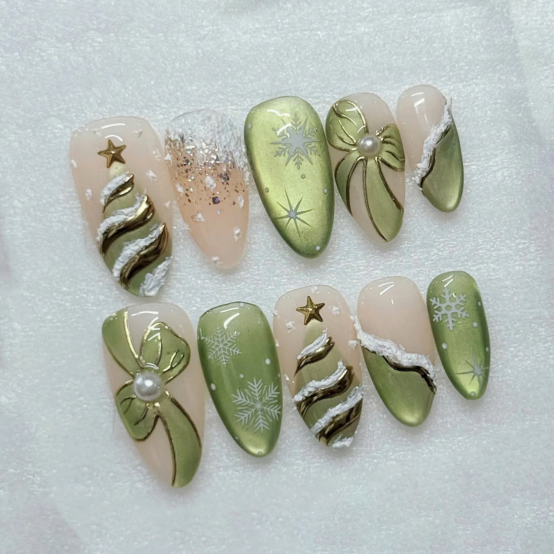 Sage Noel | Handmade Sage Green Christmas Tree Gold Ribbon Snowflake Cat Eye Press-On Nails