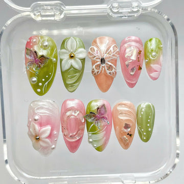 Fairy Meadow | Handmade 3D Butterfly Pastel Floral Ethereal Press-On Nails