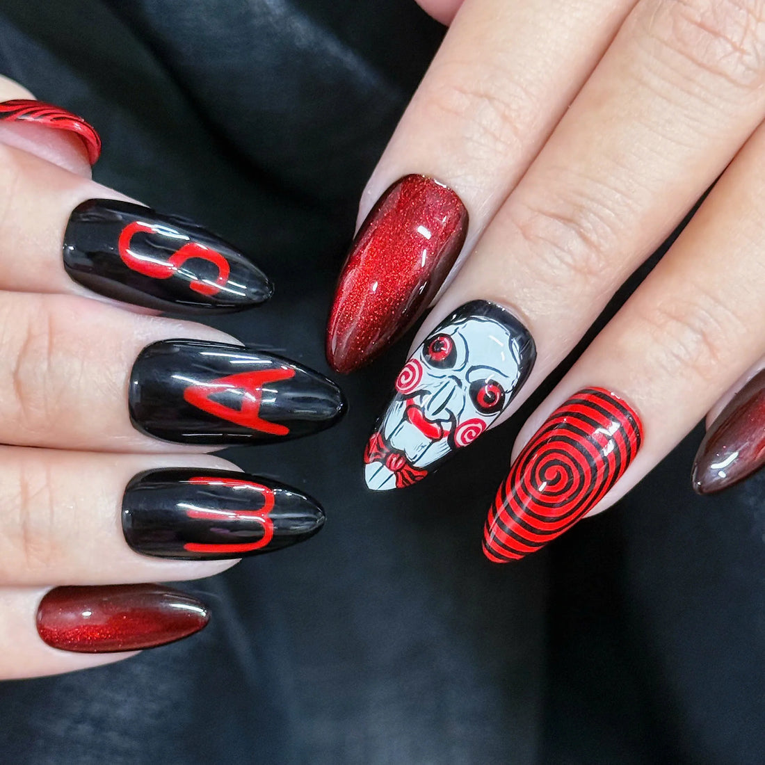 Crimson Game | Handmade Horror Movie Puppet Spiral Black Red Cat Eye Press-On Nails