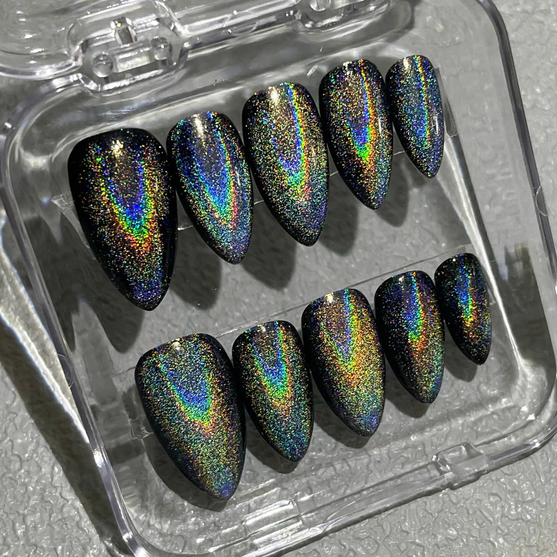 Astral Prism | Handmade Holographic Black Rainbow Cat Eye Galaxy Press-On Nails