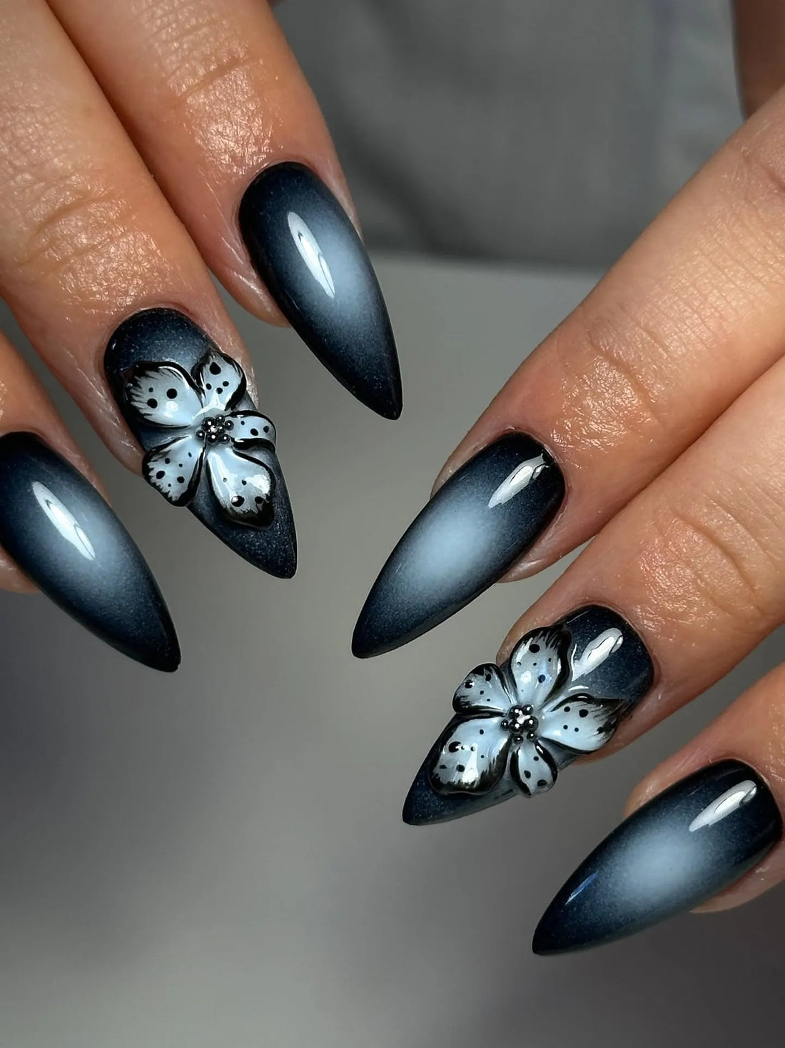 Gothic Aura | Handmade Dark Velvet Cat Eye 3D Flower Press-On Nails
