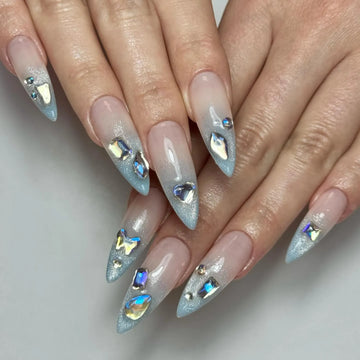 Icy Shimmer | Handmade Luxury Icy Blue Cat Eye Rhinestone Press-On Nails
