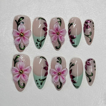Soft Peony | Handmade Pink Floral French Tip Spring Press-On Nails