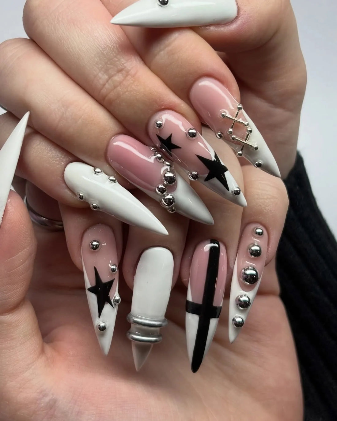 Grunge Star | Handmade Edgy Black White Y2K Stiletto Press-On Nails