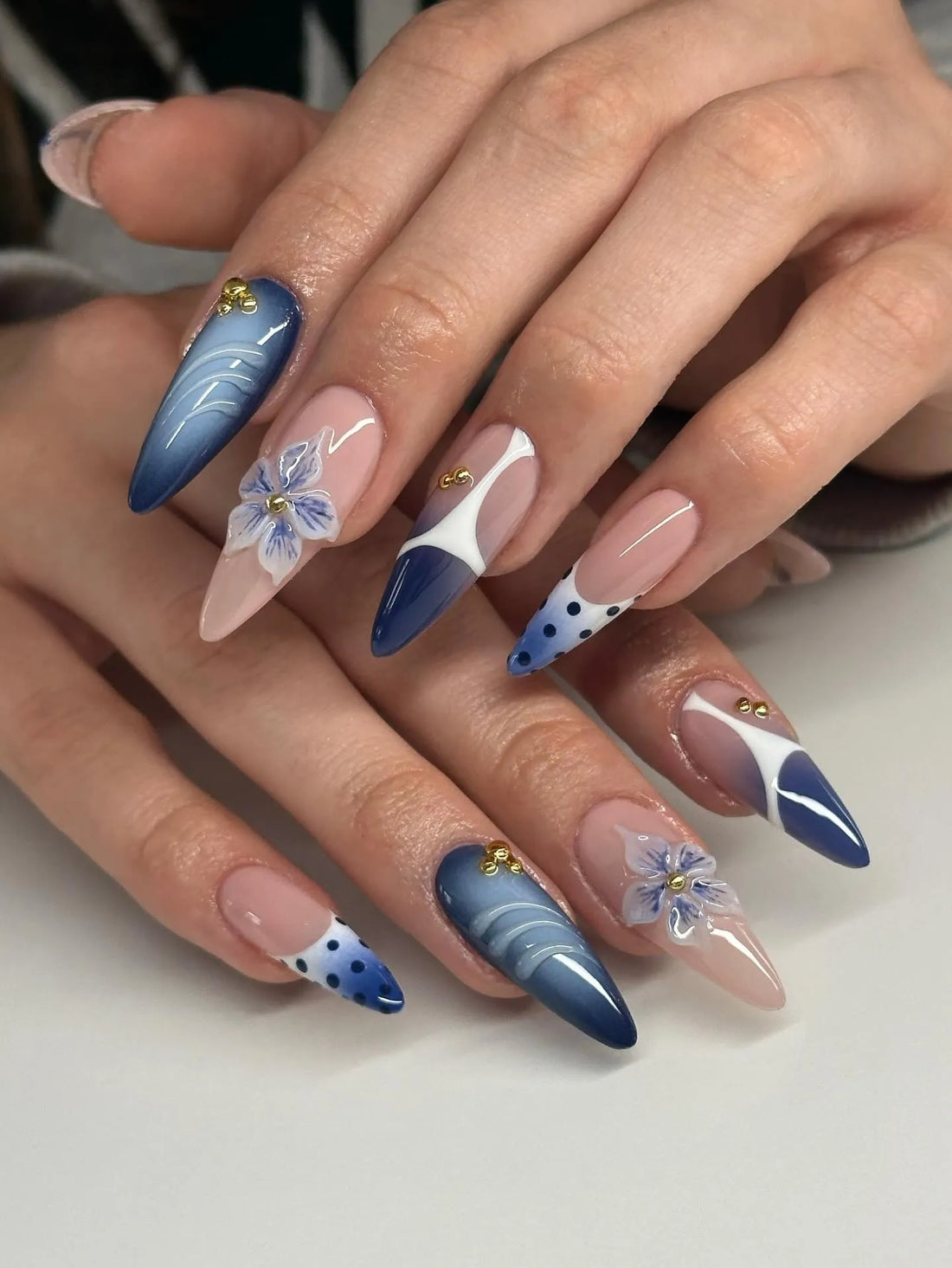 Dusty Bloom | Handmade 3D Blue Flower Ombre Floral Press-On Nails