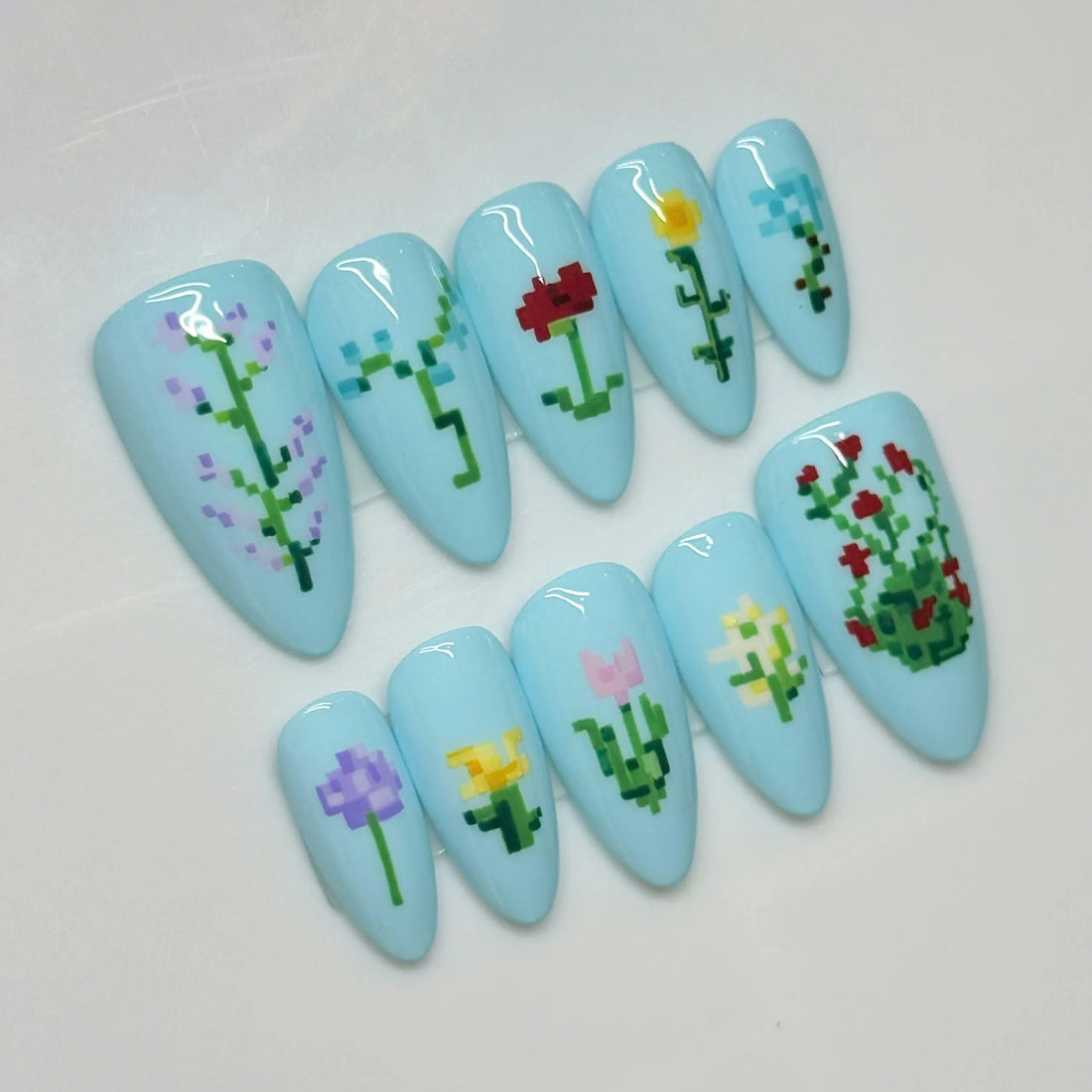 Pixel Garden | Handmade Video Game Flowers Blue Pixel Art Press-On Nails