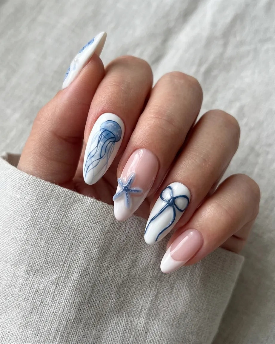 Coastal Tide | Handmade Hand-Painted Blue Ocean Jellyfish Press-On Nails