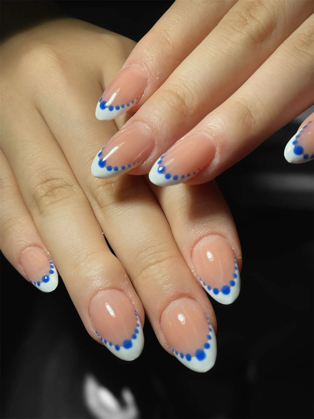 Retro Dots | Handmade Blue Polka Dot White French Press-On Nails