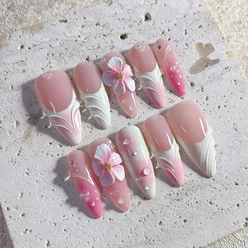 Soft Dahlia | Handmade Pink Floral French 3D Ombre Press-On Nails