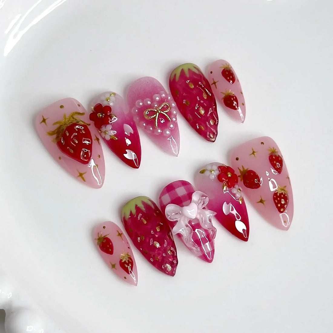 Berry Pearl | Handmade 3D Strawberry Pink Coquette Bow Gel Press-On Nails
