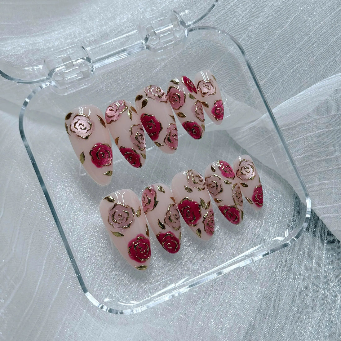 Royal Roses | Handmade Red Pink Gold Floral Press-On Nails