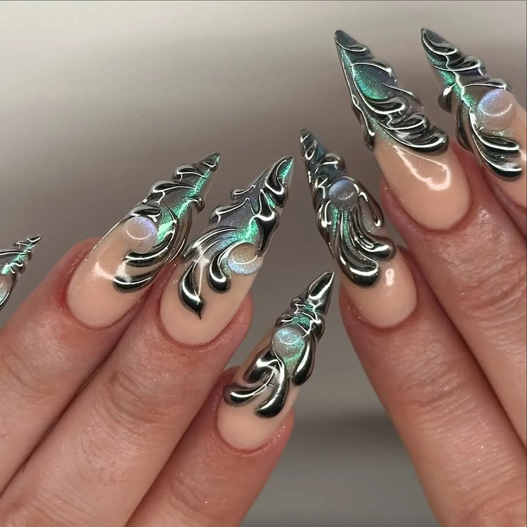 Metallic Shimmer | Handmade Freestyle Silver Chrome Cat Eye Press-On Nails