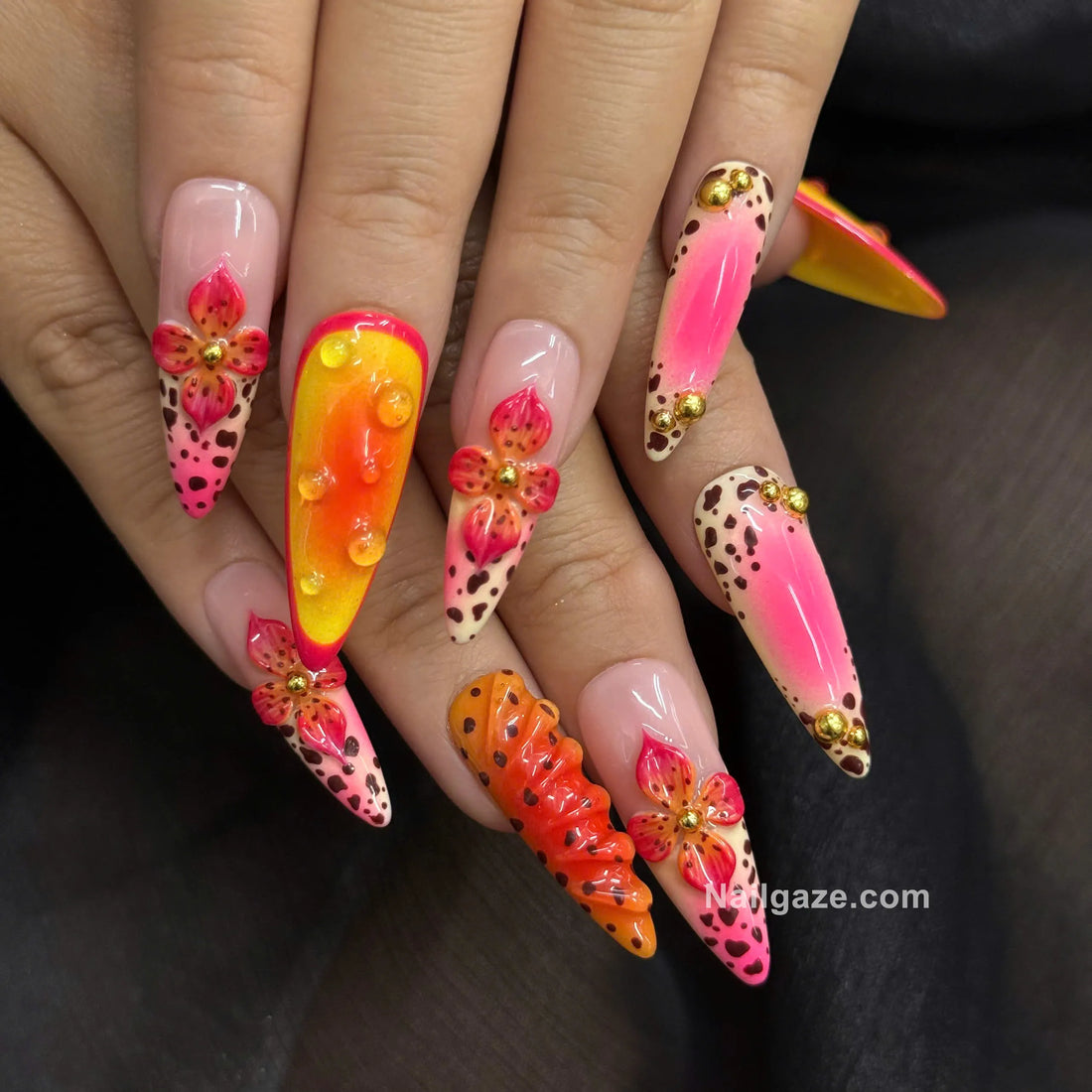 Sunset Safari | Handmade Tropical Neon Ombre 3D Cheetah Press-On Nails