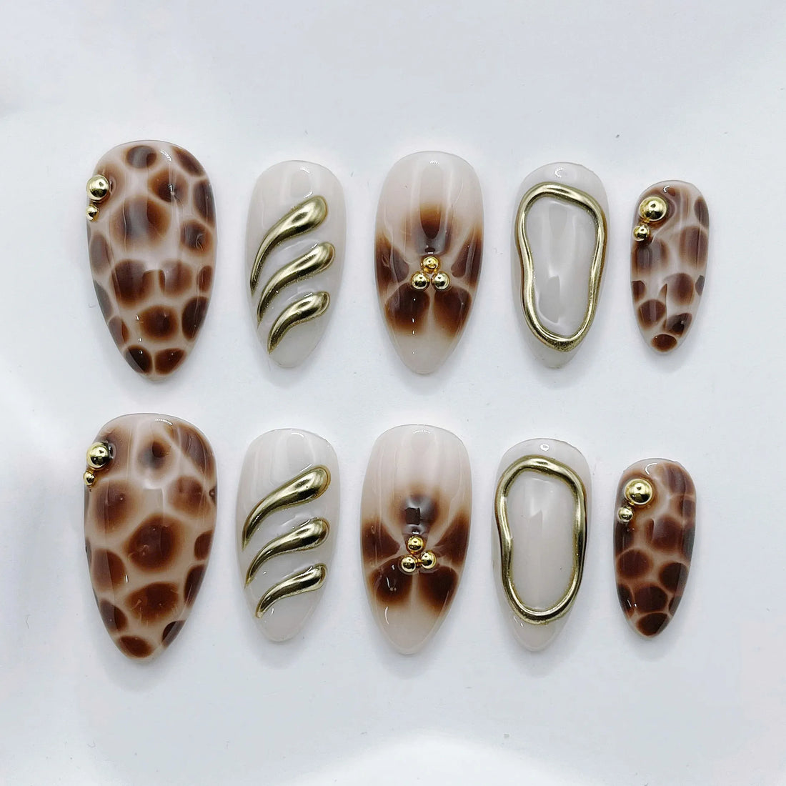 Neutral Safari | Handmade Abstract Brown Animal Print Gold Chrome Press-On Nails