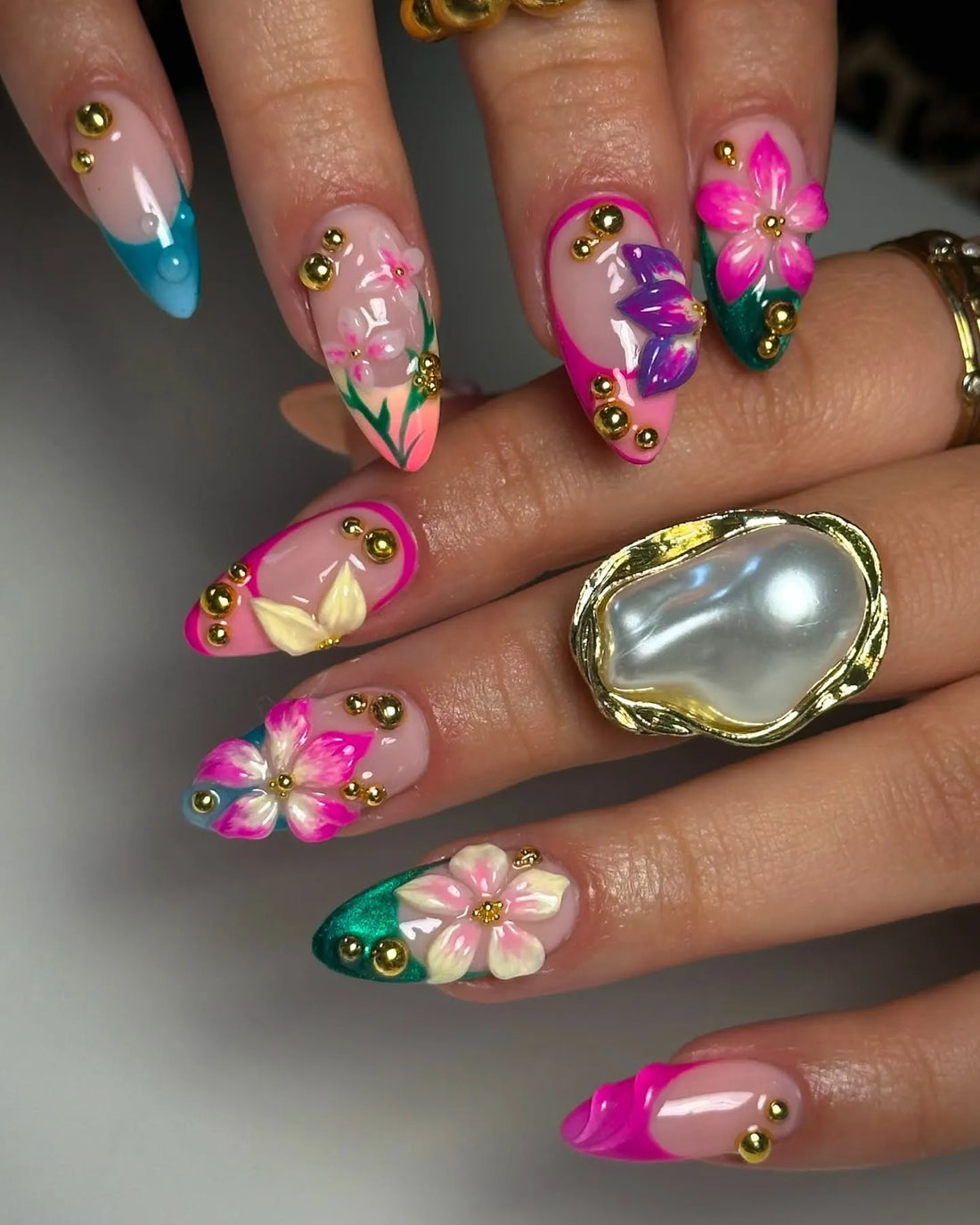Tropical Pop | Handmade Y2K Colorful French Tip 3D Floral Press-On Nails