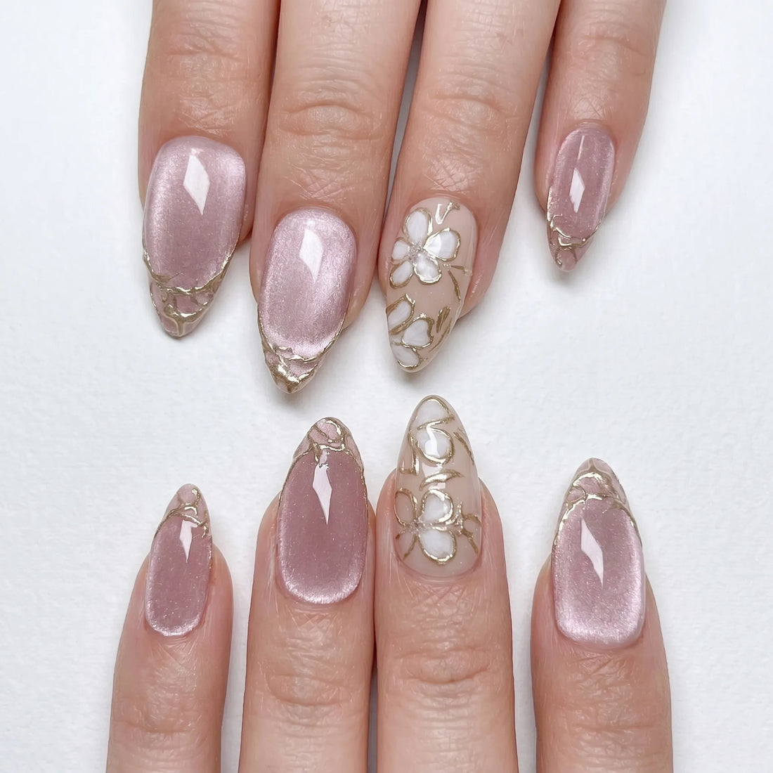 Velvet Petal | Handmade Dusty Rose Velvet Cat Eye 3D Gold Floral Press-On Nails