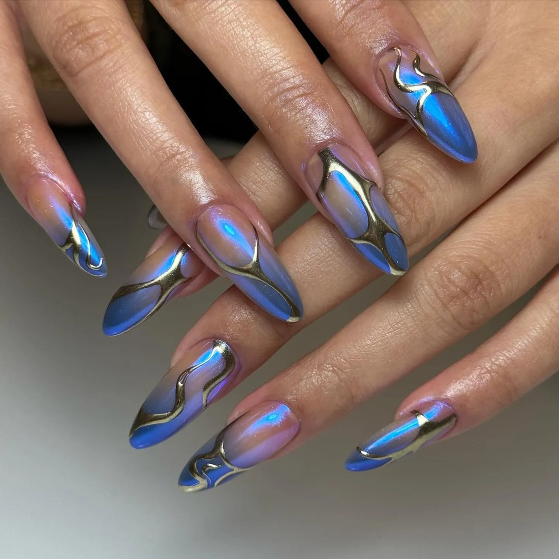 Blue Aura | Handmade 3D Gold Chrome Swirl Gel Press-On Nails