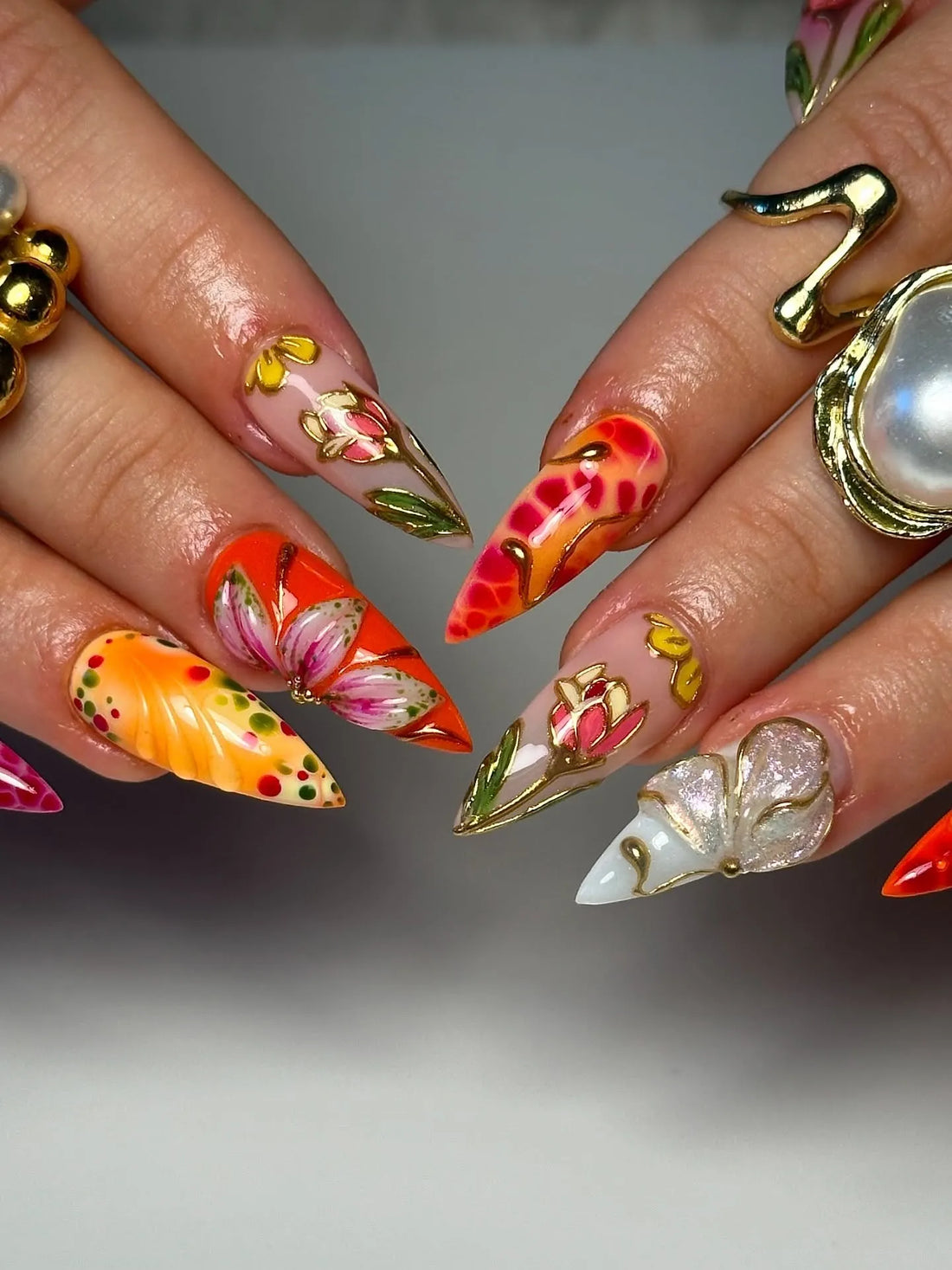 Stained Glass | Handmade 3D Maximalist Gold Chrome Floral Press-On Nails