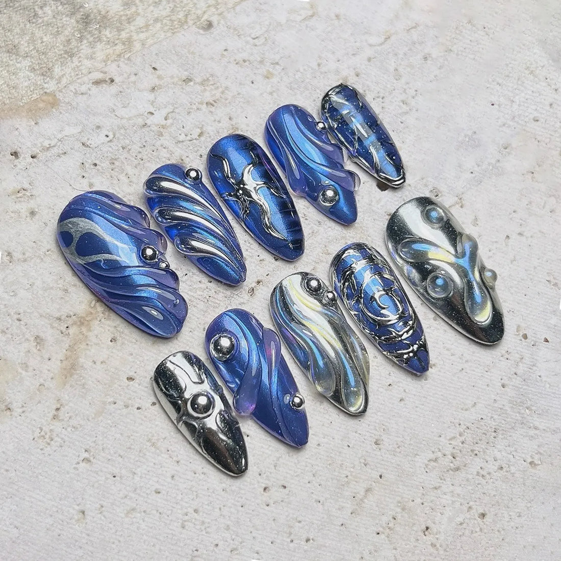 Cyber Blue | Handmade Silver Chrome Metallic Blue Press-On Nails
