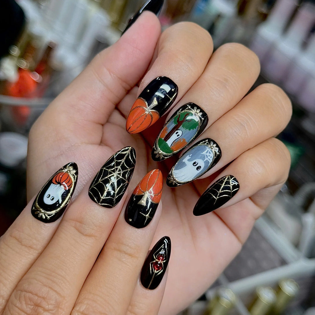 Gilded Night | Handmade Black Gold Spiderweb Ghost Pumpkin Press-On Nails