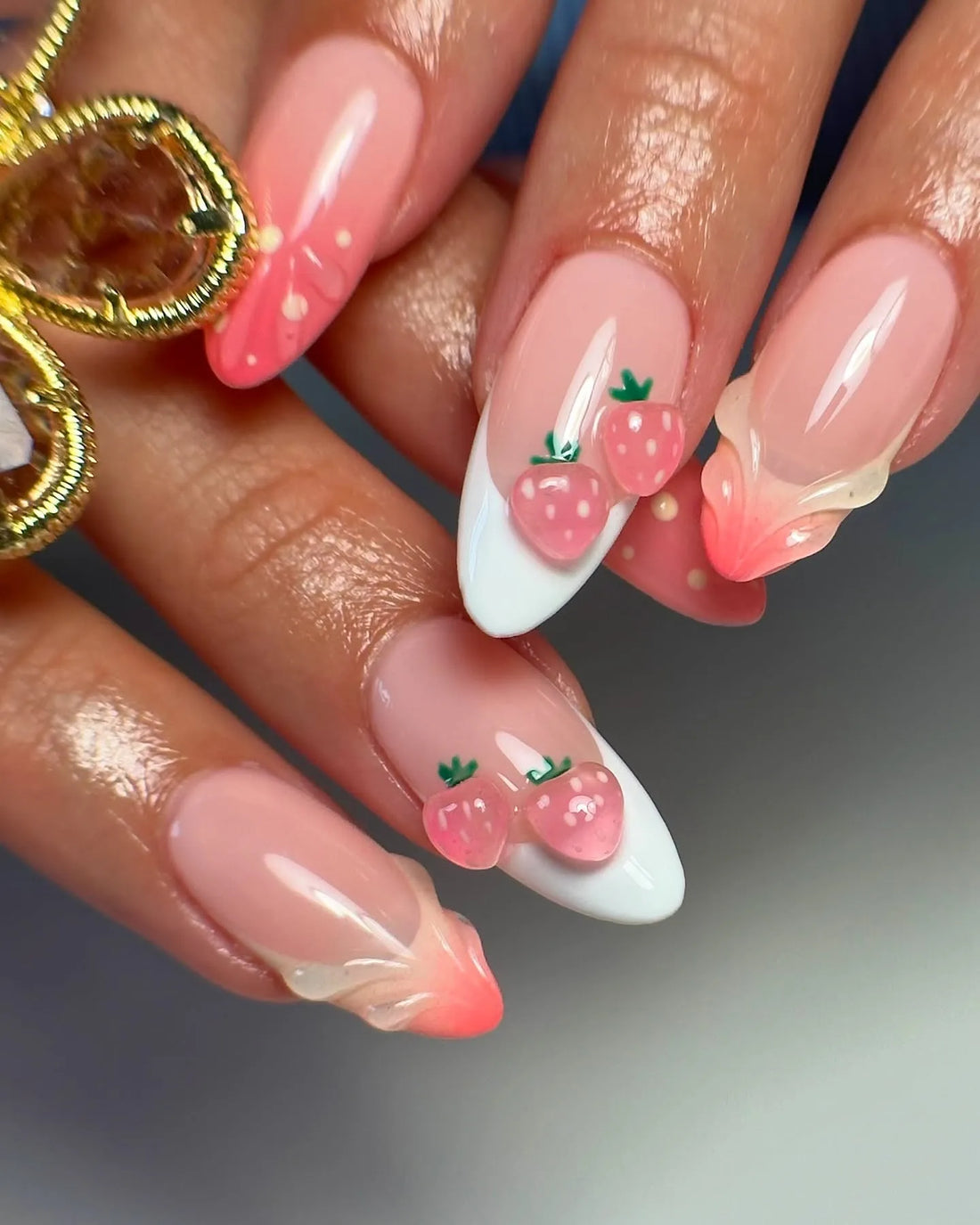 Strawberry Blush | Handmade Pink Aura French Tip 3D Fruit Press-On Nails