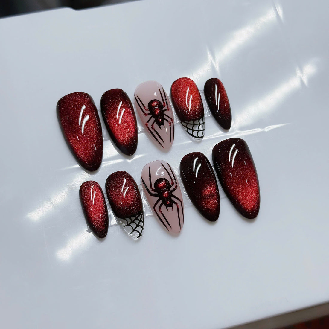 Vampire Web | Handmade Spooky Spiderweb Red Cat Eye Burgundy Press-On Nails