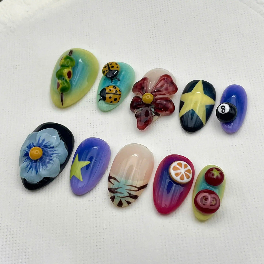 Handmade Whimsical Eclectic 3D Flower Fruit Ladybug Press on Nails S28