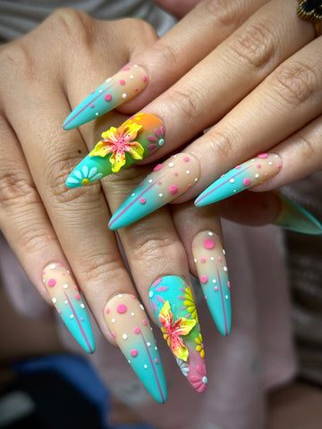 Tropical Breeze | Handmade Turquoise Ombre Matte 3D Floral Press-On Nails