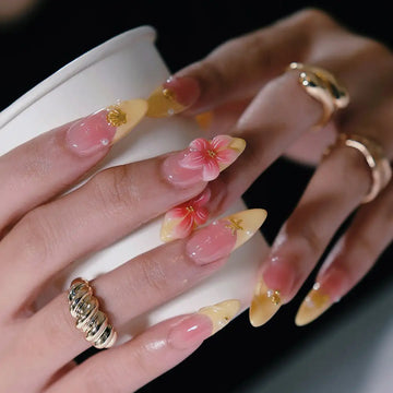 Golden Sunrise | Handmade Pink Yellow 3D Floral Press-On Nails